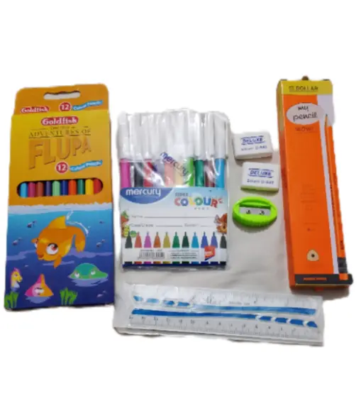 12pcs of dollar my pencil, 12pcs mercury markers pack, goldfish big color pencil 12pcs,1roller,1sharpner& 2 erasers